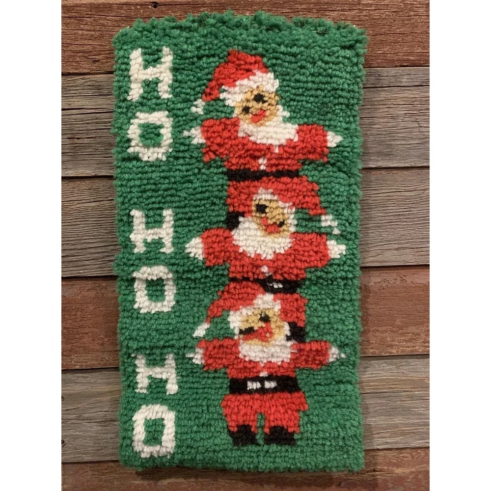 Vtg Latch Hook Rug Wall Hanging Decor Triple Santa Christmas 12